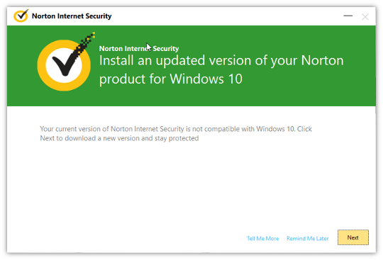 Install uprated version of your Norton Product for Windows 10 